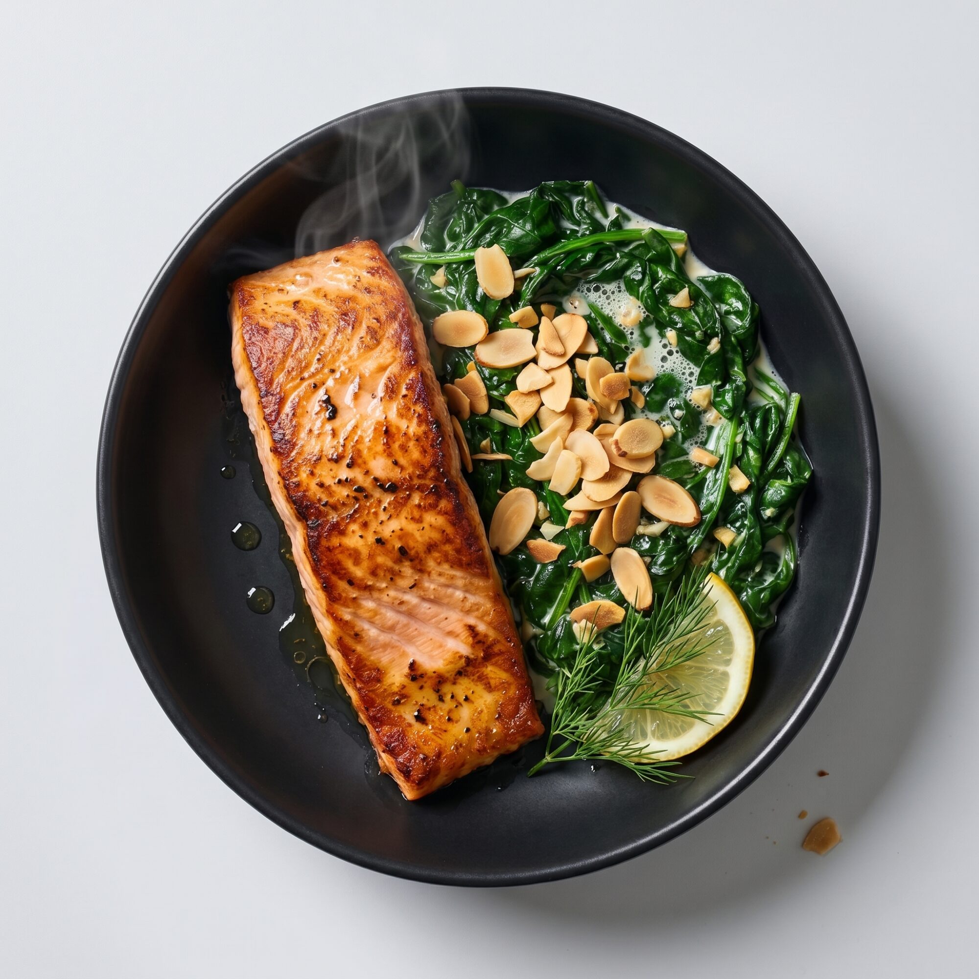Salmón sellado con espinaca cremosa y almendras tostadas — Plan Deep Sleep de Xmeals Miami