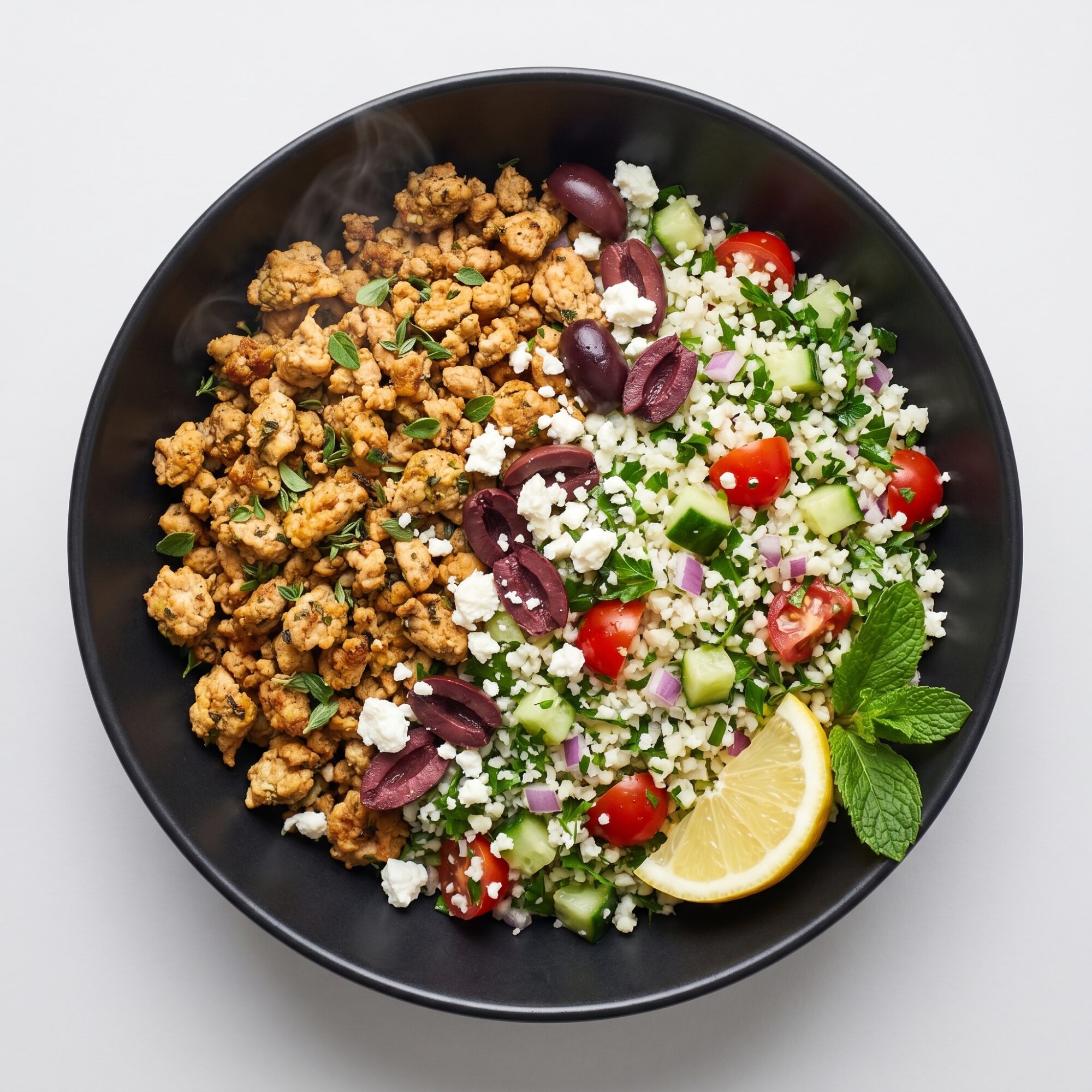 Pavo mediterráneo con tabule de coliflor, kalamata y feta — Plan Deep Sleep de Xmeals Miami