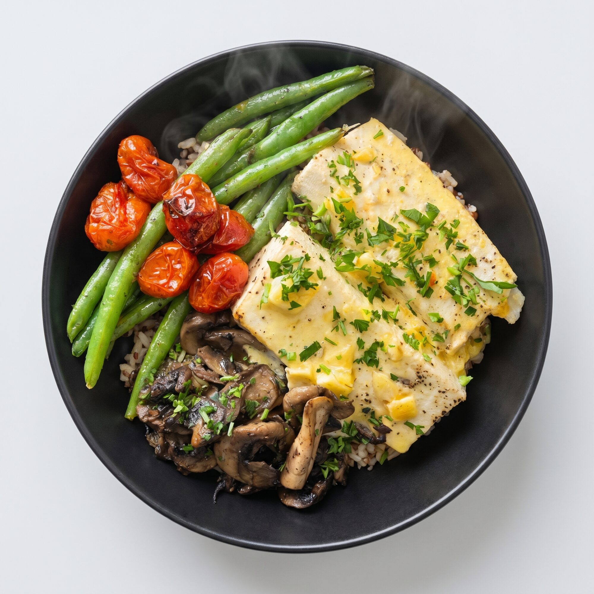 Pescado blanco al limón con judías verdes, tomates y arroz integral — Plan Total Care de Xmeals Miami