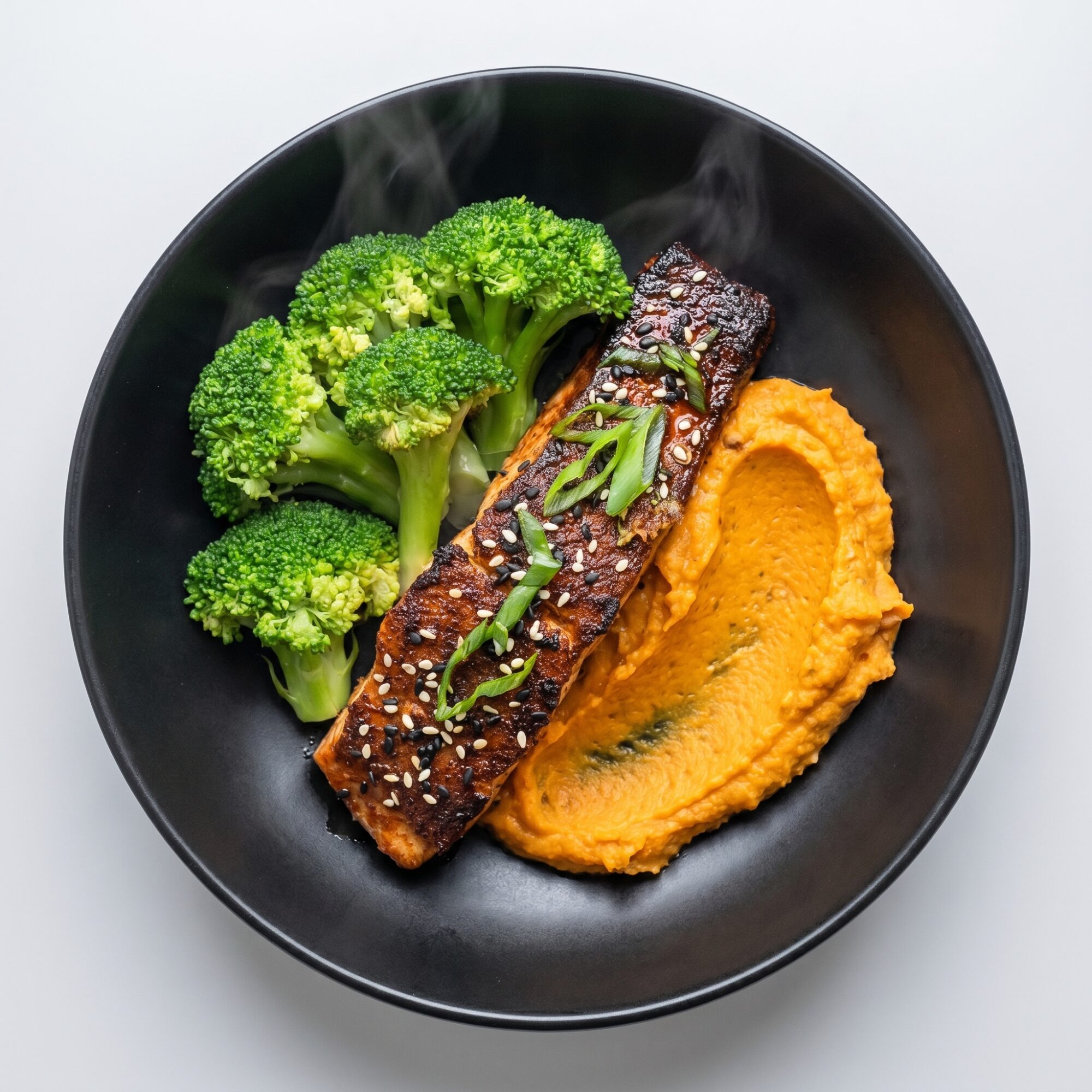 Salmón blackened con brócoli y crema de batata chipotle — Plan Total Care de Xmeals Miami
