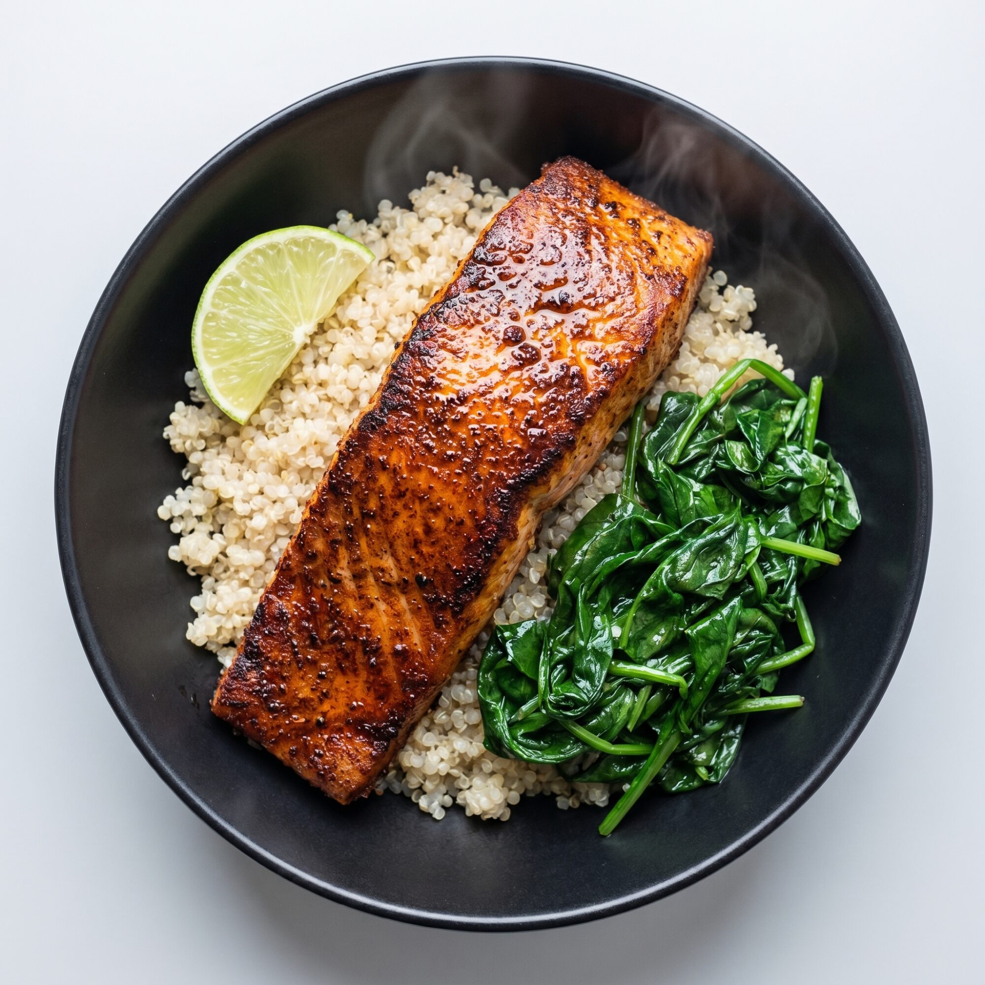 Salmón blackened con quinoa, lima y espinaca sautéed — Plan Vital Energy de Xmeals Miami