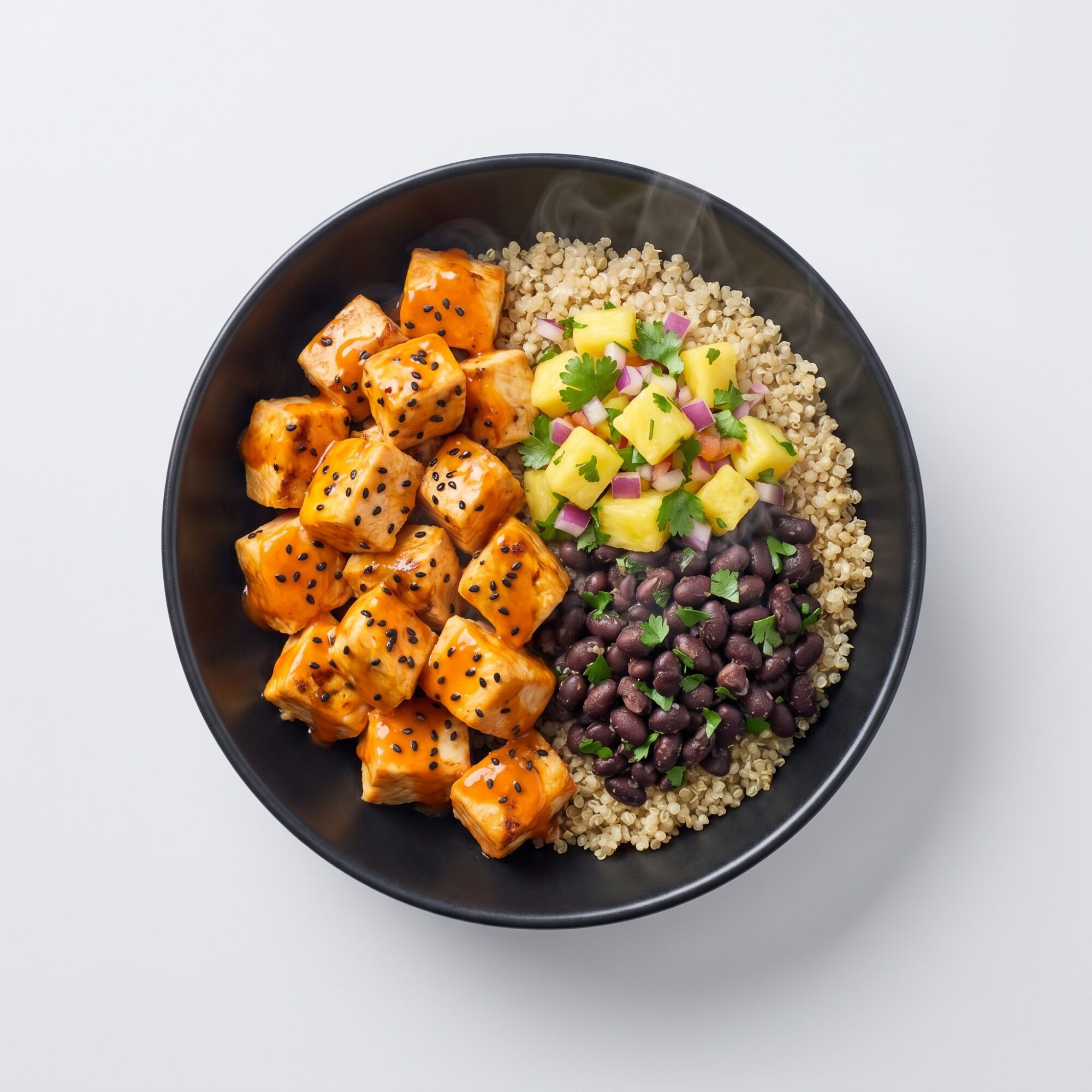 Pollo en glaseado chipotle con sésamo, frijoles negros y salsa tropical de piña — Plan Vital Energy de Xmeals Miami