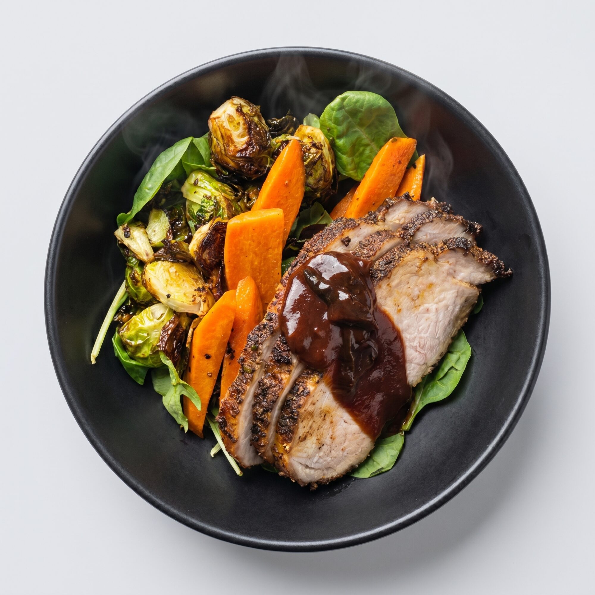 Lomo de cerdo a las hierbas con coles de Bruselas y BBQ ahumado — Plan Vital Energy de Xmeals Miami