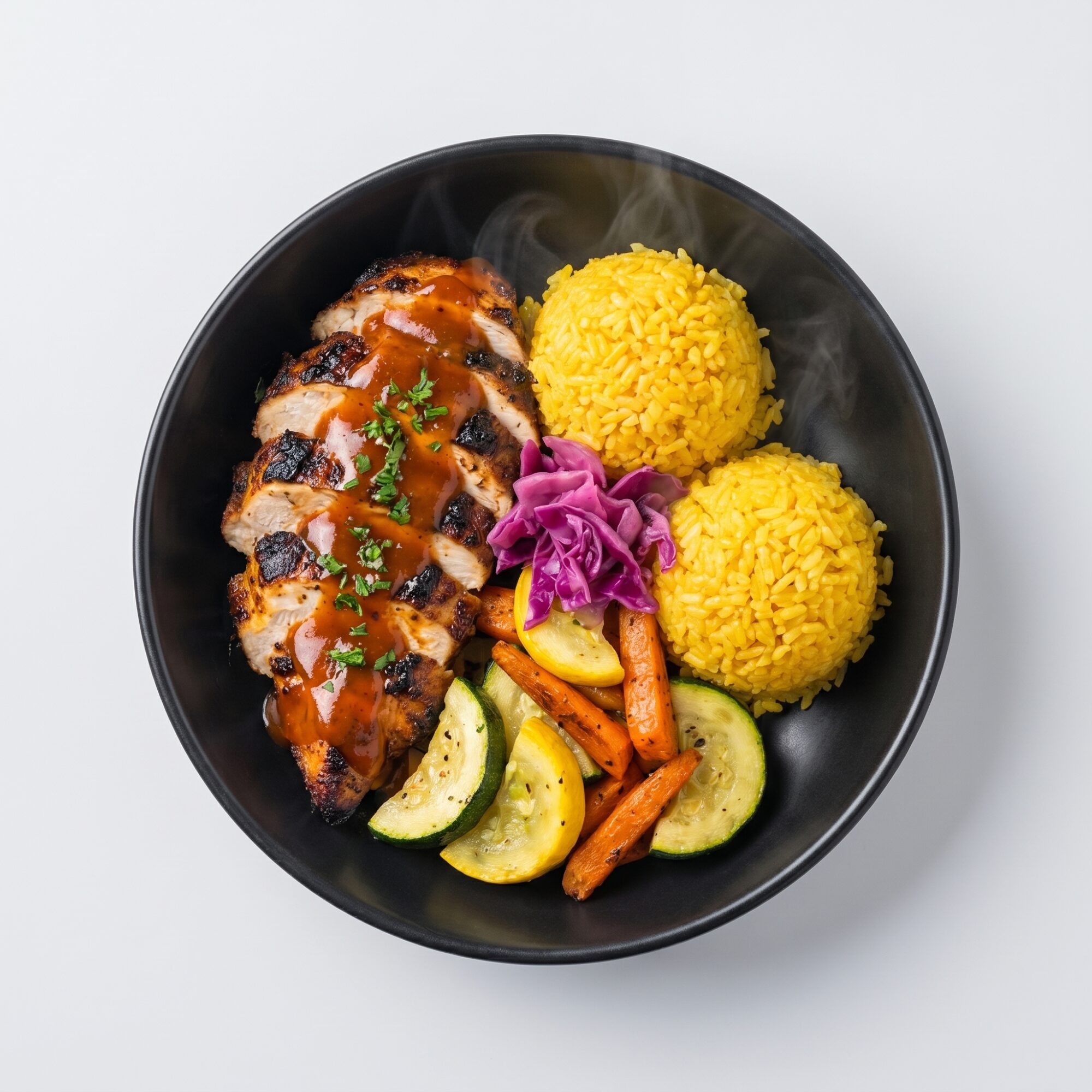 Pollo BBQ glaseado con arroz al azafrán y vegetales asados — Plan Vital Energy de Xmeals Miami