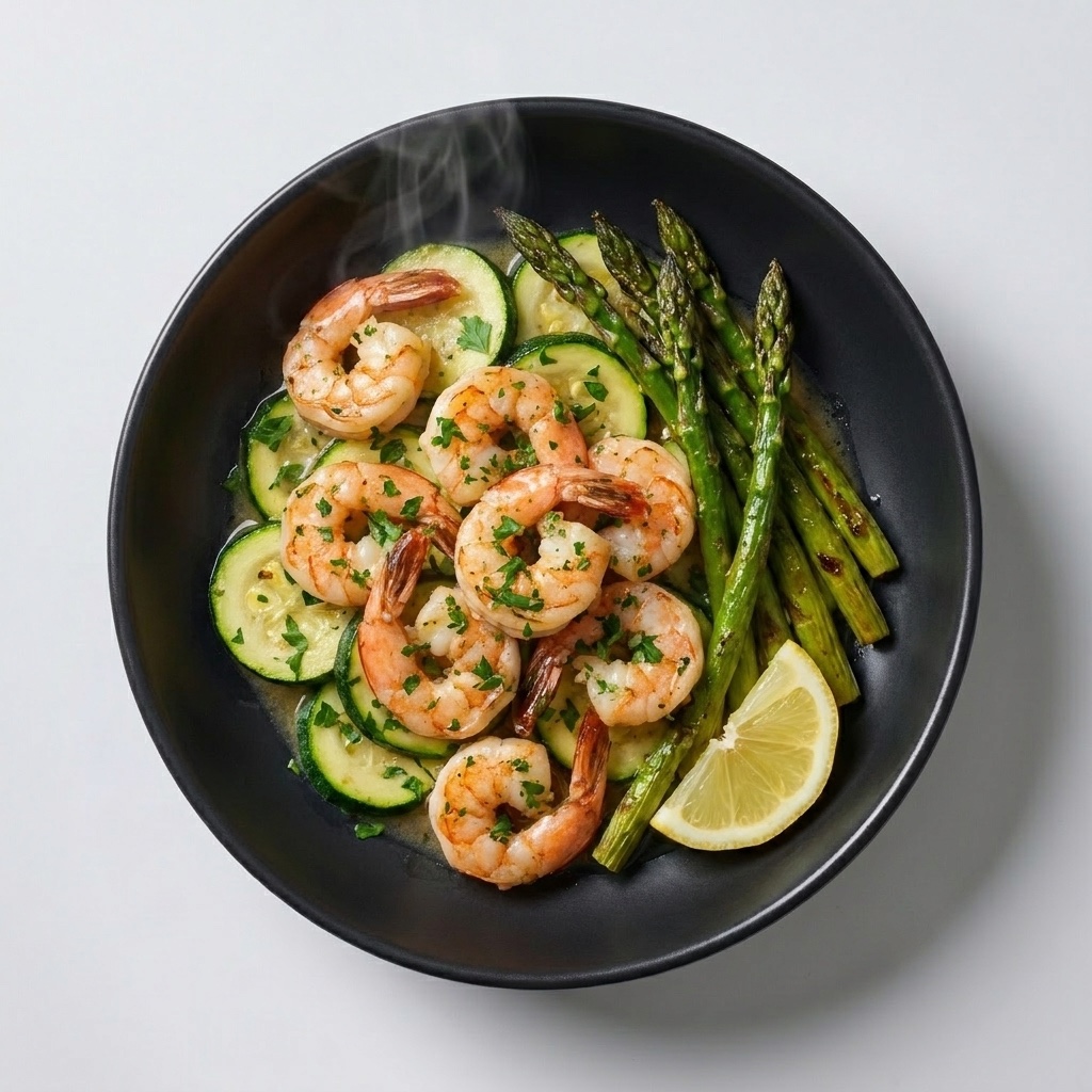 Camarones al ajillo con calabacín y espárragos, bajo en carbohidratos — Plan Deep Sleep de Xmeals Miami