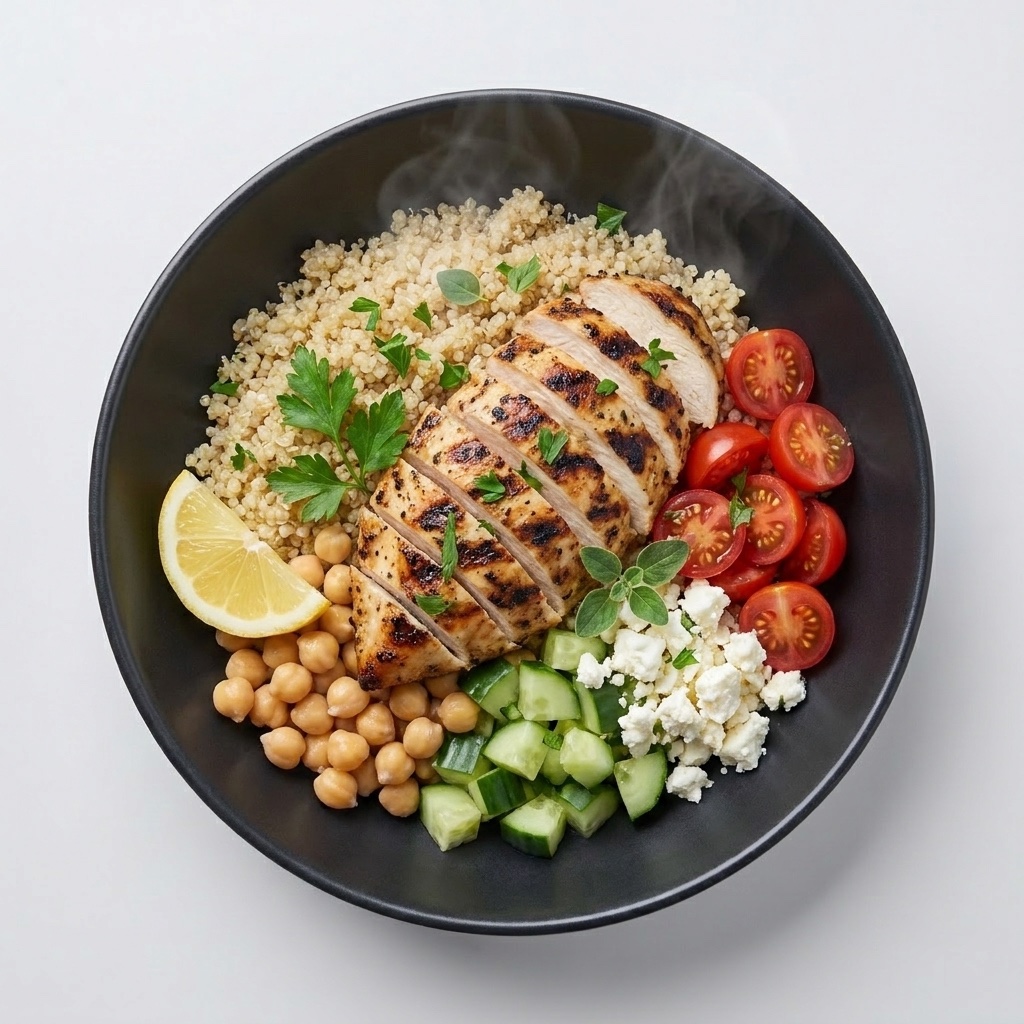 Bowl mediterráneo de pollo con quinoa, garbanzos, tomate, pepino y feta — Plan Total Care de Xmeals Miami
