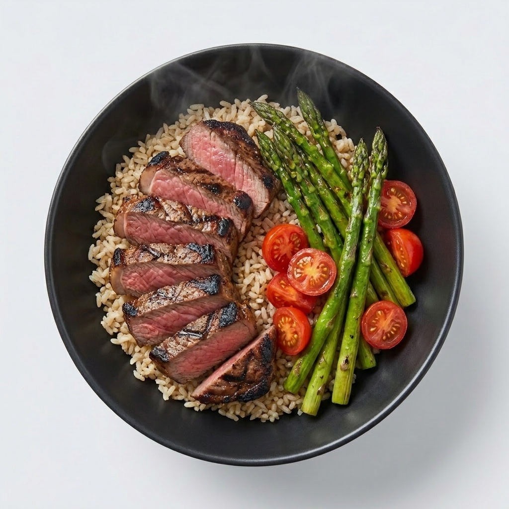 Steak de res a la parrilla con arroz integral, espárragos y tomate cherry — Plan Vital Energy de Xmeals Miami