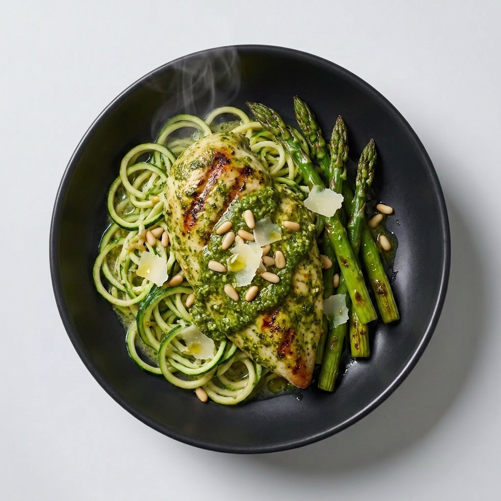 Pollo al pesto con zoodles de calabacín y espárragos, bajo en carbohidratos — Plan Deep Sleep de Xmeals Miami