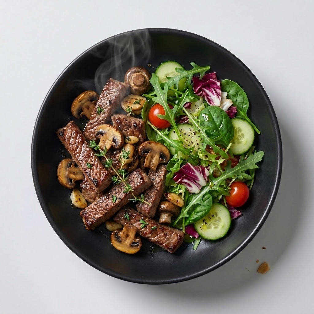 Steak de res con champiñones salteados y ensalada verde, bajo en carbohidratos — Plan Deep Sleep de Xmeals Miami