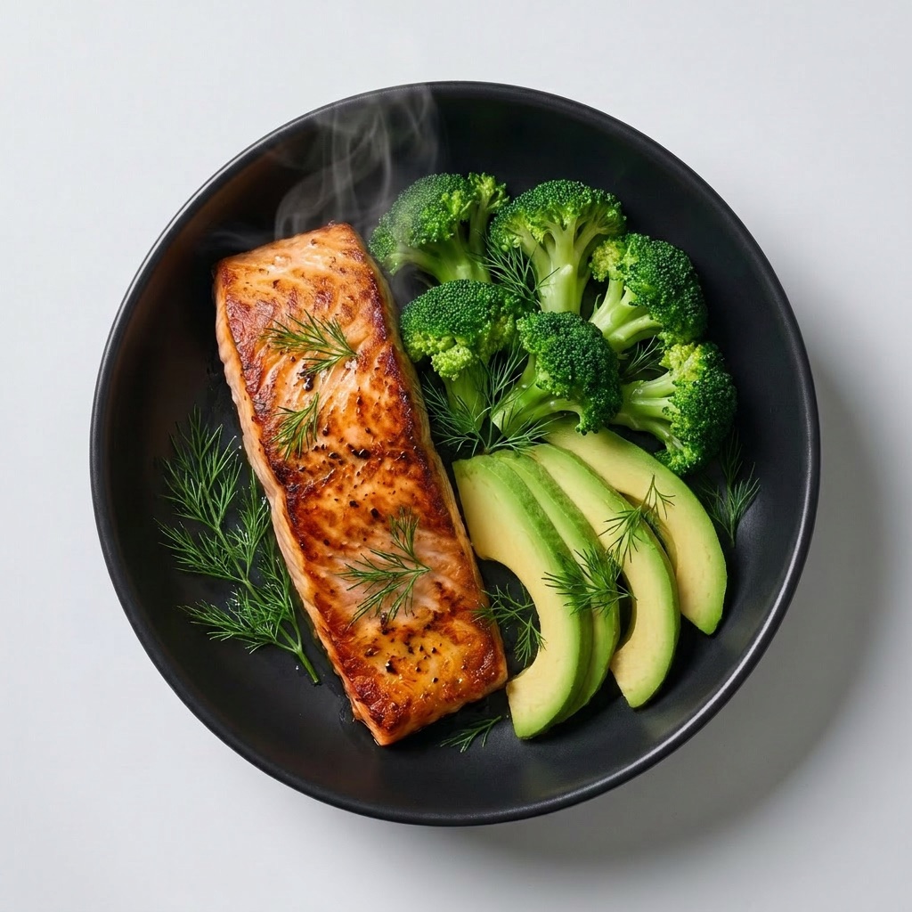 Salmón al eneldo con brócoli al vapor y aguacate, bajo en carbohidratos — Plan Deep Sleep de Xmeals Miami