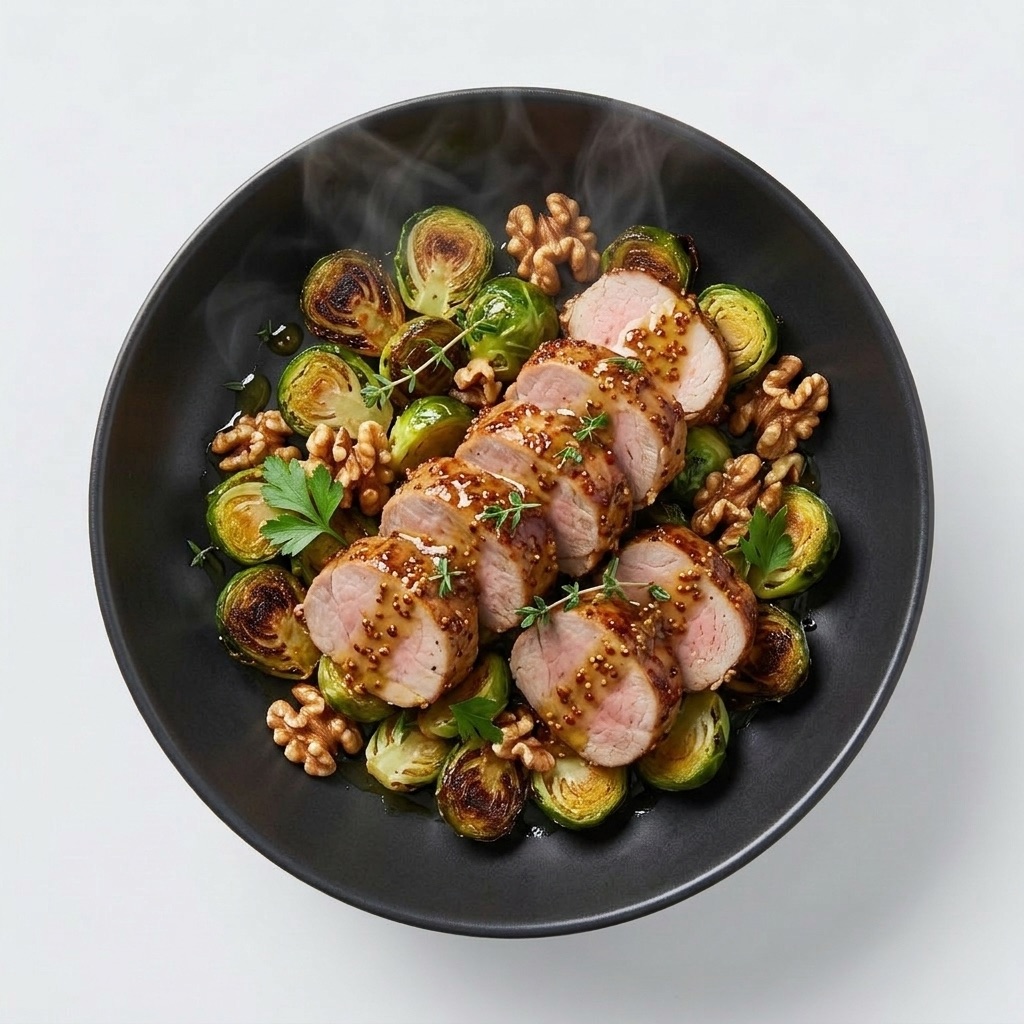 Lomo de cerdo glaseado a la mostaza con coles de Bruselas asadas y nueces, bajo en carbohidratos — Plan Deep Sleep de Xmeals Miami