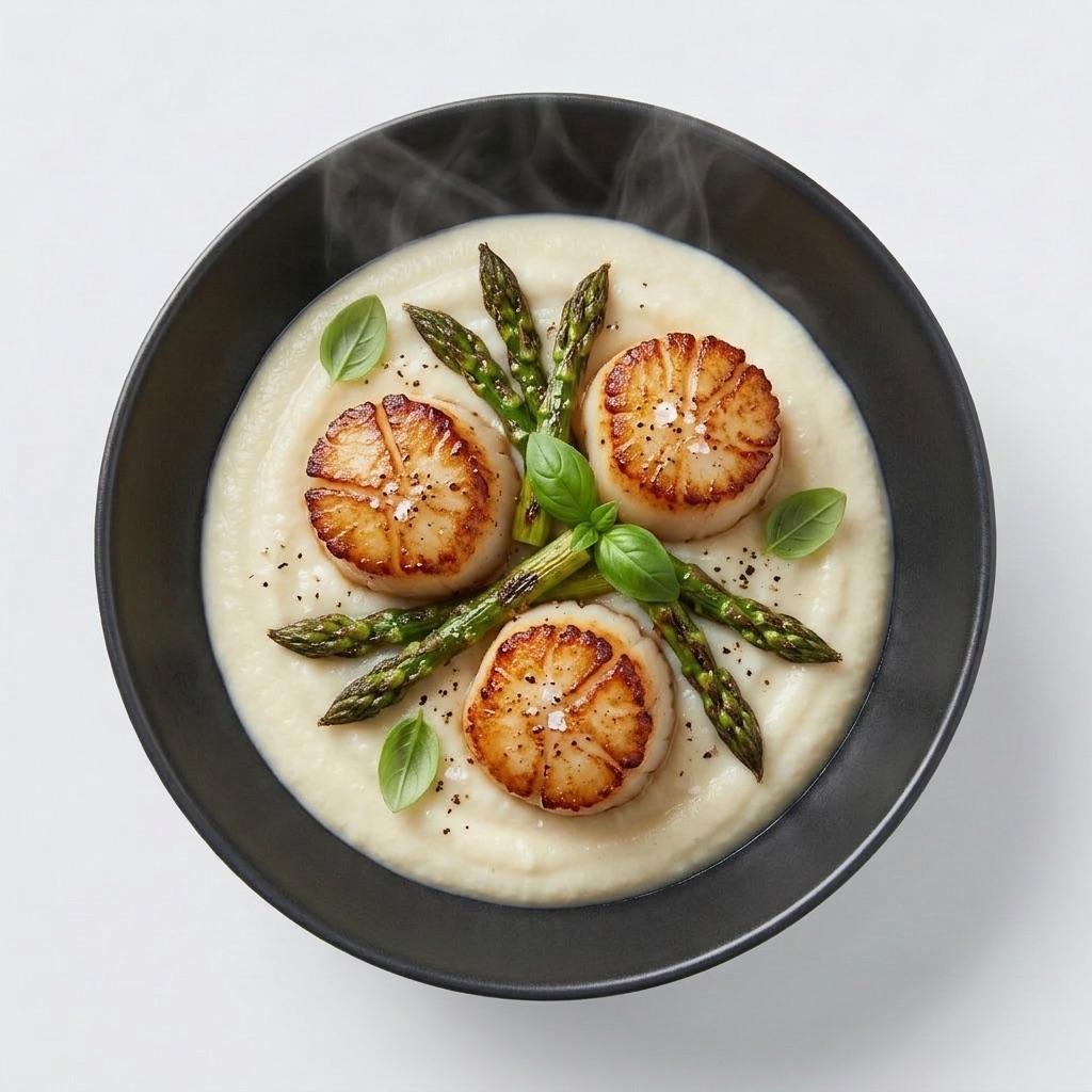 Vieiras selladas sobre puré de coliflor con espárragos, bajo en carbohidratos — Plan Deep Sleep de Xmeals Miami