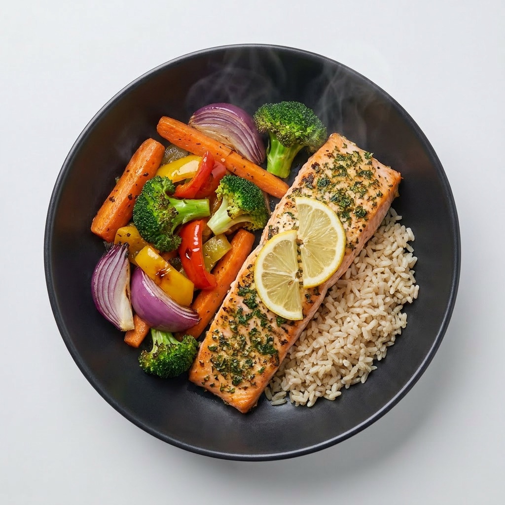 Salmón al horno con vegetales asados y arroz integral — Plan Total Care de Xmeals Miami