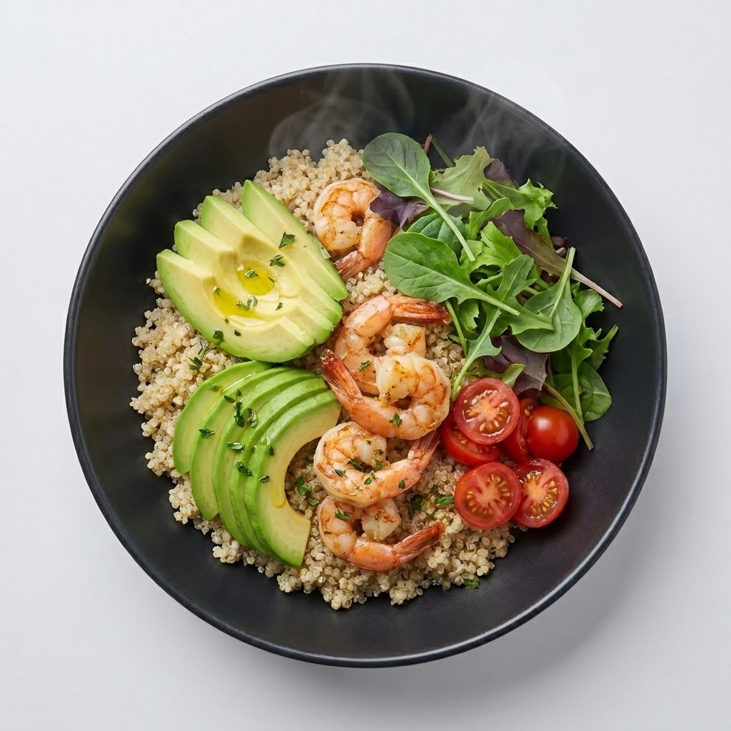 Bowl de quinoa con camarones, aguacate y tomates cherry — Plan Total Care de Xmeals Miami