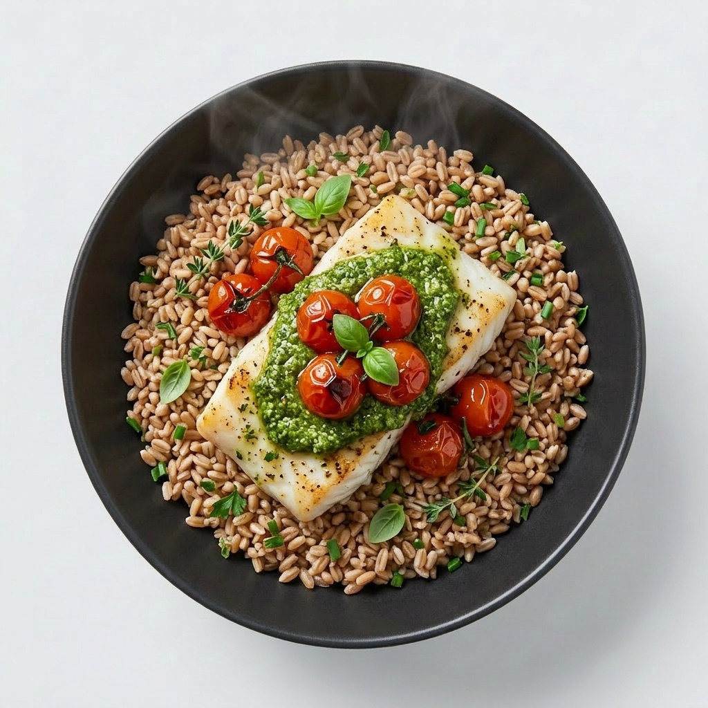 Bacalao al horno con pesto de albahaca, tomates confitados y farro — Plan Total Care de Xmeals Miami