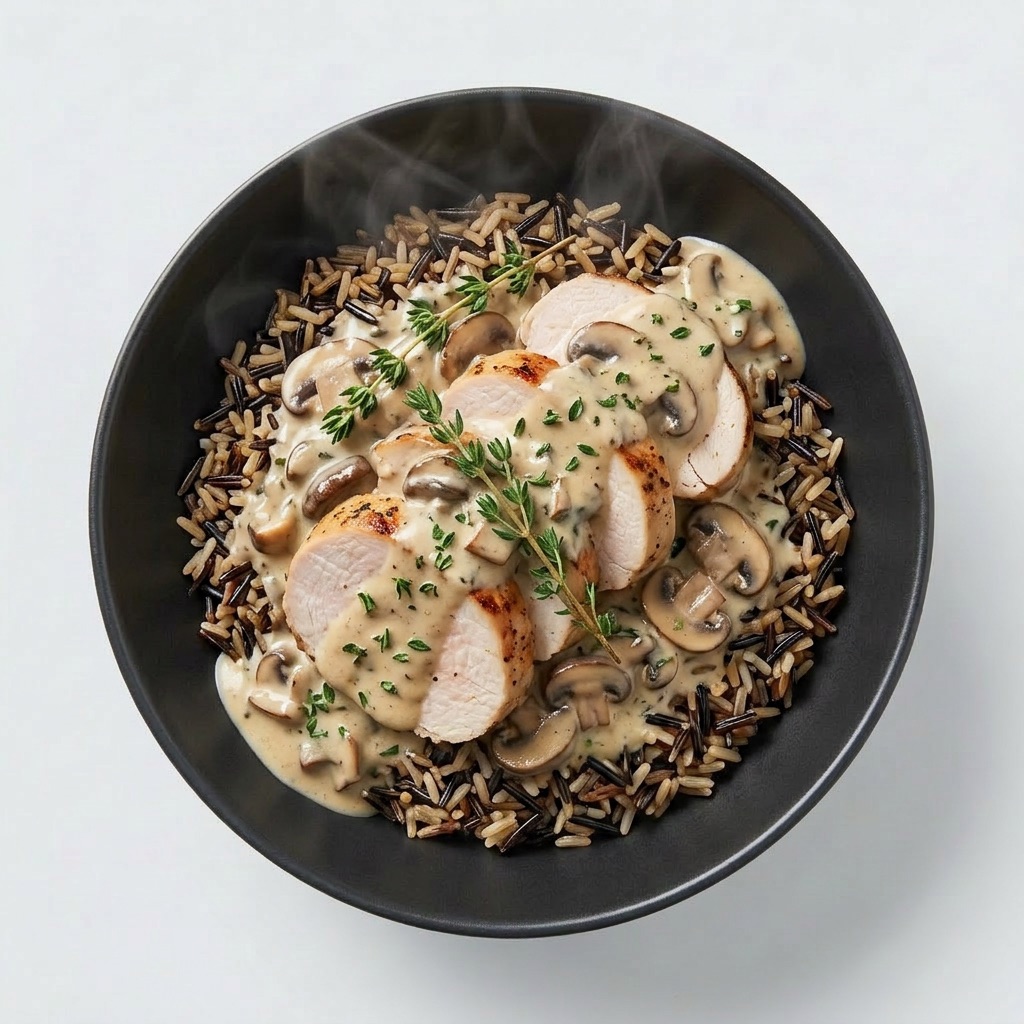 Medallones de pavo en salsa cremosa de champiñones con arroz salvaje — Plan Total Care de Xmeals Miami