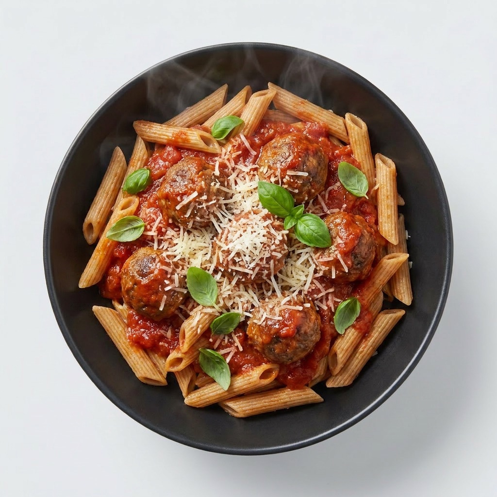 Albóndigas de res en salsa marinara con penne integral y parmesano — Plan Vital Energy de Xmeals Miami