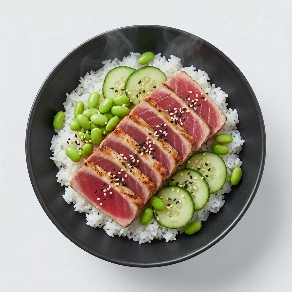 Atún sellado con arroz, edamame, pepino y sésamo — Plan Vital Energy de Xmeals Miami