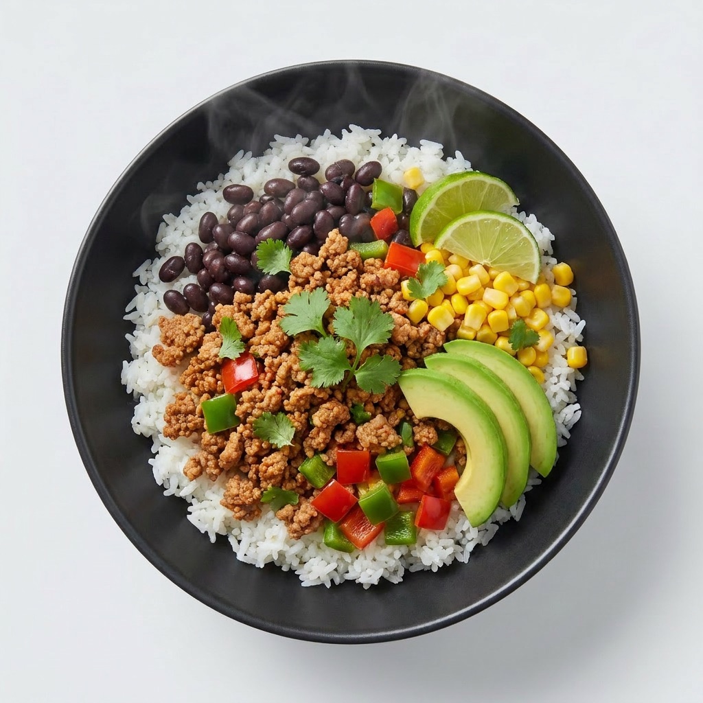 Pavo molido estilo mexicano con arroz, frijoles negros, maíz y aguacate — Plan Vital Energy de Xmeals Miami