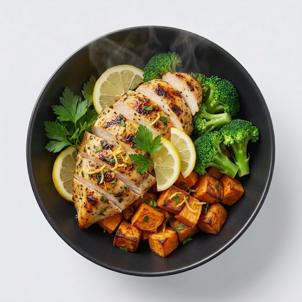 Pollo a las hierbas y limón con batata asada y brócoli — Plan Vital Energy de Xmeals Miami