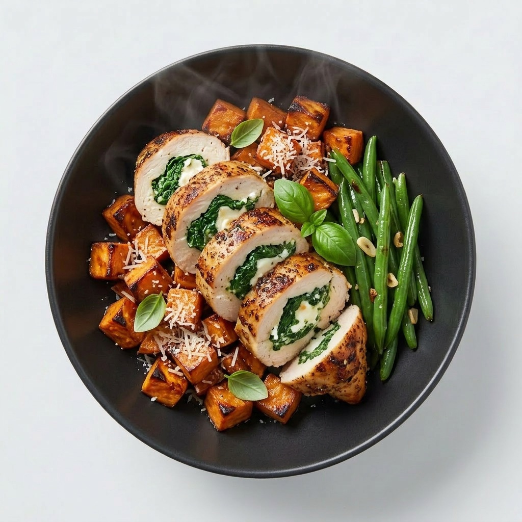 Pechuga de pollo rellena de espinaca y queso de cabra con batata asada y habichuelas — Plan Vital Energy de Xmeals Miami