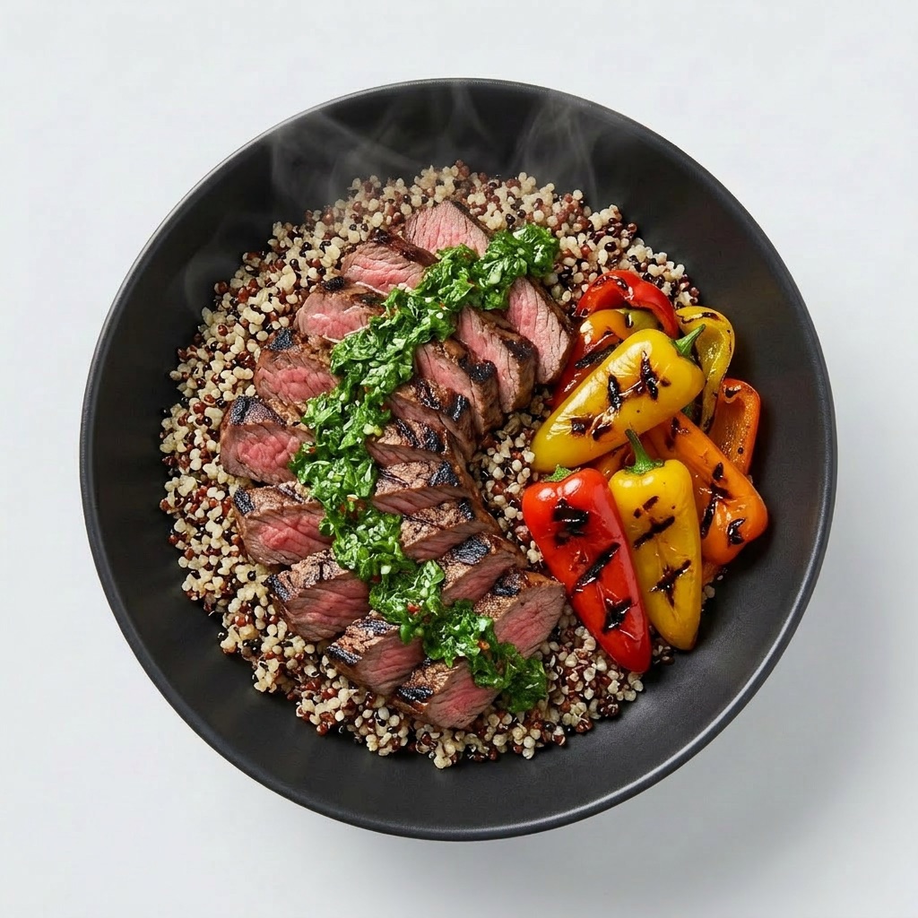 Churrasco a la parrilla con chimichurri, quinoa tricolor y pimientos asados — Plan Vital Energy de Xmeals Miami